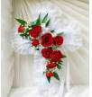 White Flower Cross with Red Roses