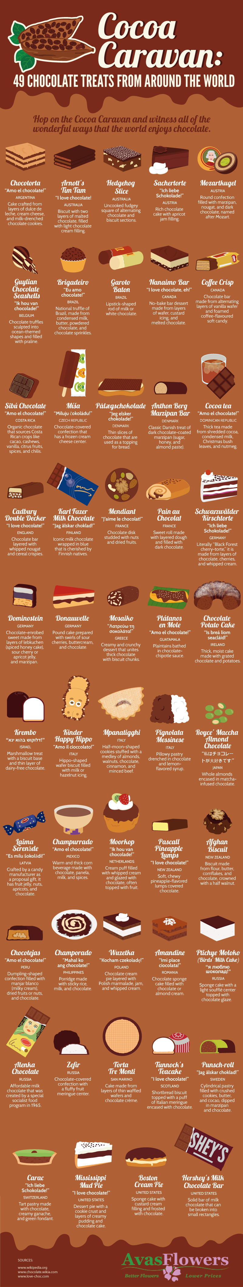 Cocoa Caravan: 49 Chocolate Treats from Around the World -Avasflowers.net - Infographic