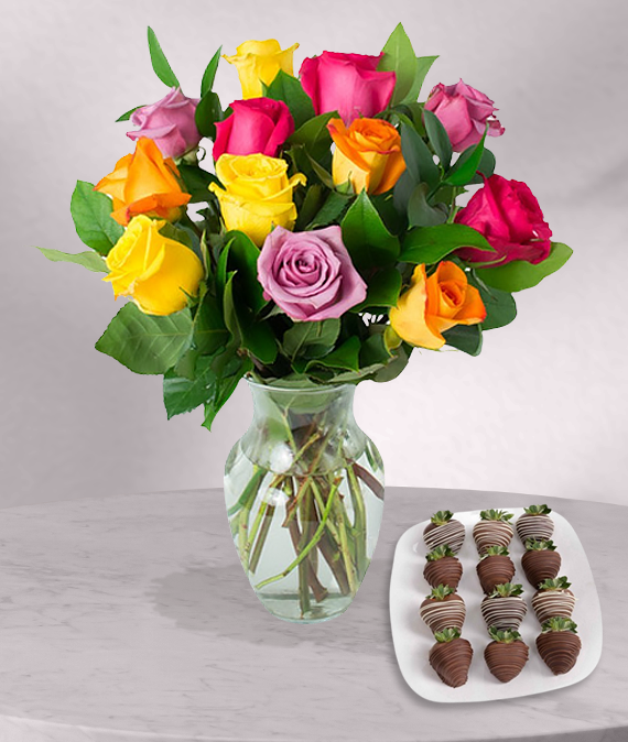1 Dozen Colorful Roses & 12 Chocolate Covered Strawberries