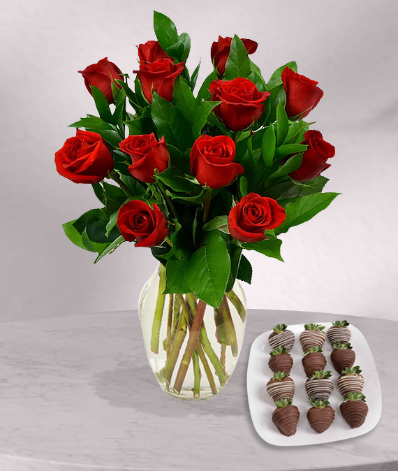 1 Dozen Red Roses & Chocolate Covered Strawberries
