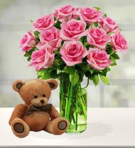 12 Pink Roses & Bear
