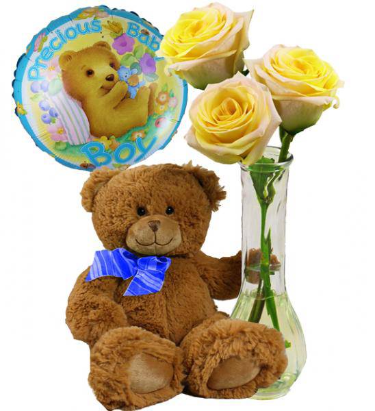 Flowers: New Baby Boy Teddy Bear And Roses
