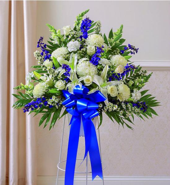 Standing Funeral Basket With Blue Flowers - Deluxe