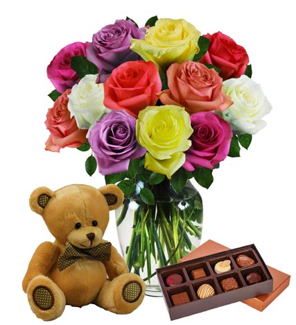 Dozen Assorted Color Roses, Bear & Chocolates