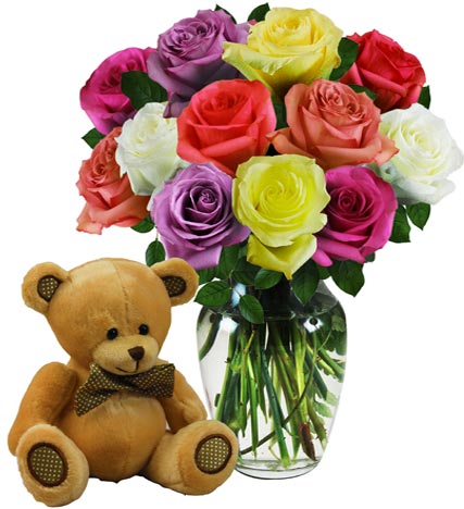 Dozen Assorted Color Roses & Bear