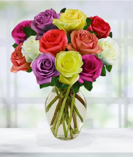 Flowers: One Dozen Assorted Roses - 12 STEMS-Including Vase