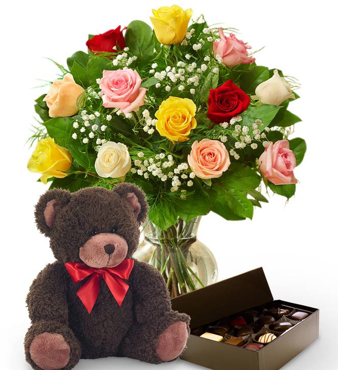Dozen Mother's Day Roses, Bear & Chocolates