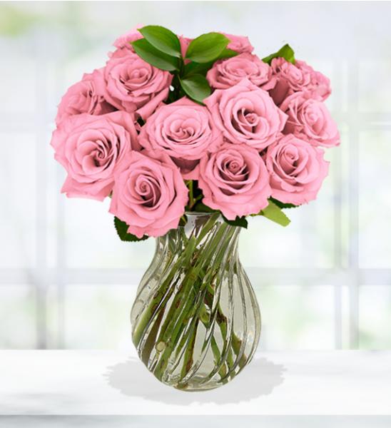 Flowers: One Dozen Long Stemmed Pink Roses - 18 STEMS-Including Vase
