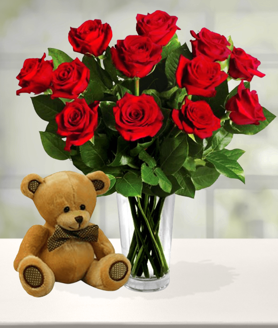 Dozen Red Roses & Bear