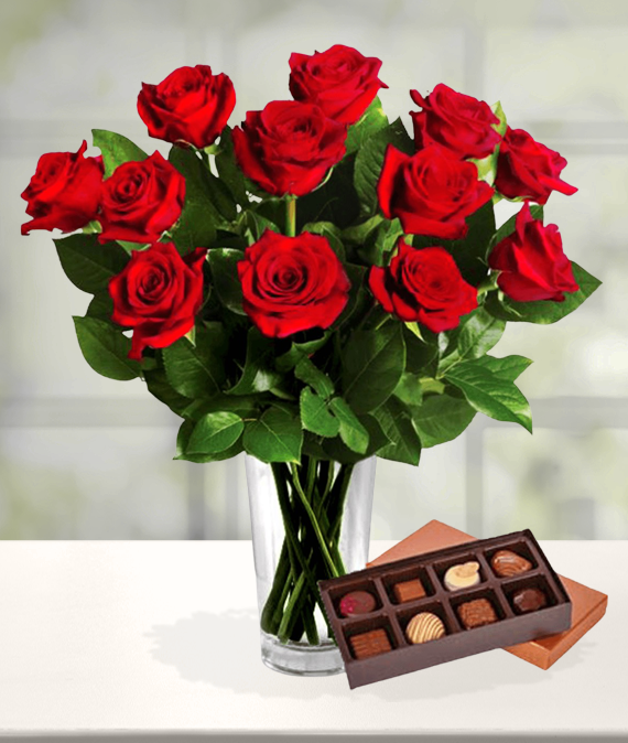 Dozen Red Roses & Chocolates