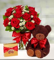 Dozen Roses with Teddy Bear & Chocolates