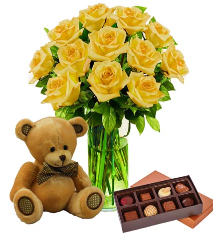 12 Yellow Roses, Bear & Chocolates