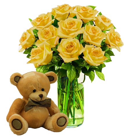 12 Yellow Roses & Bear
