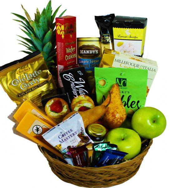 Flowers: Assorted Fruits And Gourmet Snacks Sympathy Basket - Deluxe