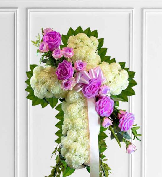 Sympathy Cross With Lavender Flowers - Deluxe