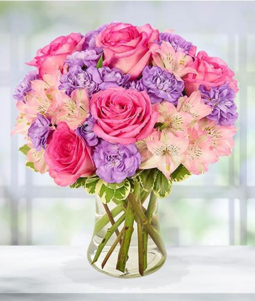 Flowers: Beautiful Arrangement Comprised Of Pink Alstroemerias, Hot Pink Roses And Lavender Mini Carnations