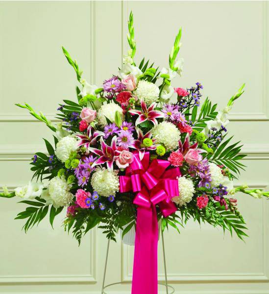 Standing Funeral Basket With Pastel Flowers - Deluxe