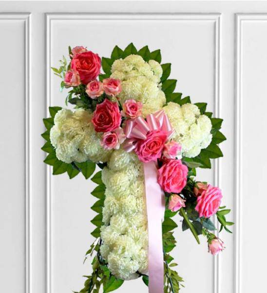 Sympathy Cross With Pink Flowers - Premium