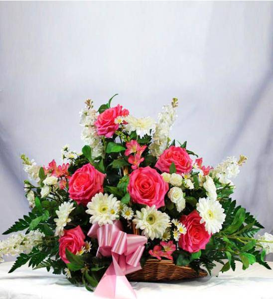 Flowers: Pink & White Sympathy Basket - Deluxe