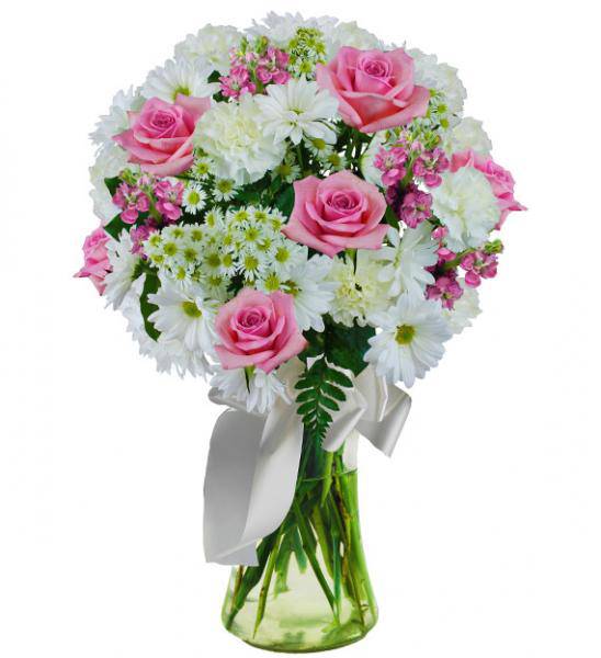 Flowers: Pink And White Sympathy Vase Arrangement - Premium
