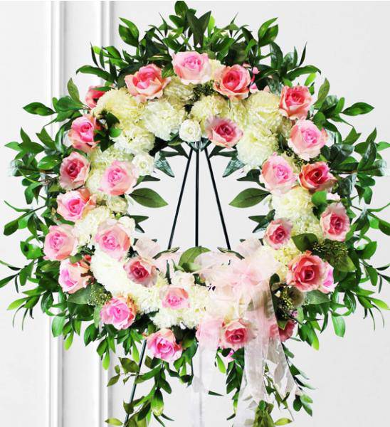 Flowers: Pink & White Sympathy Wreath - Premium