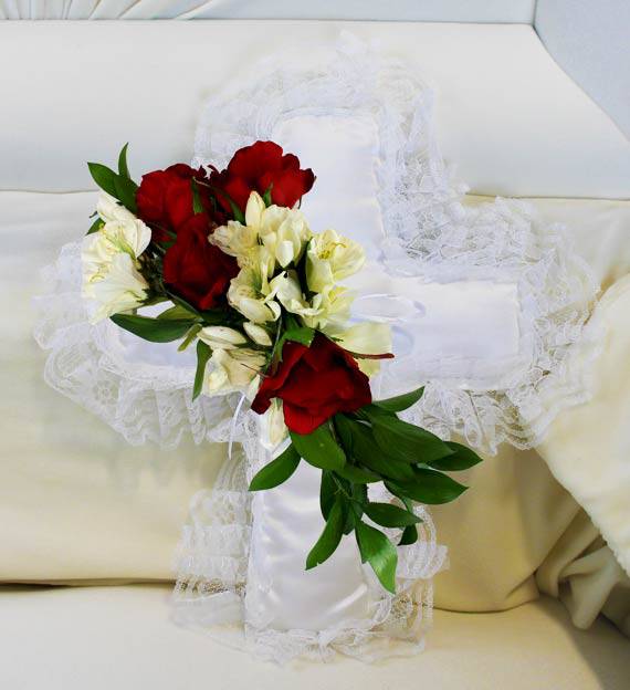 Red and White Satin Cross Pillow