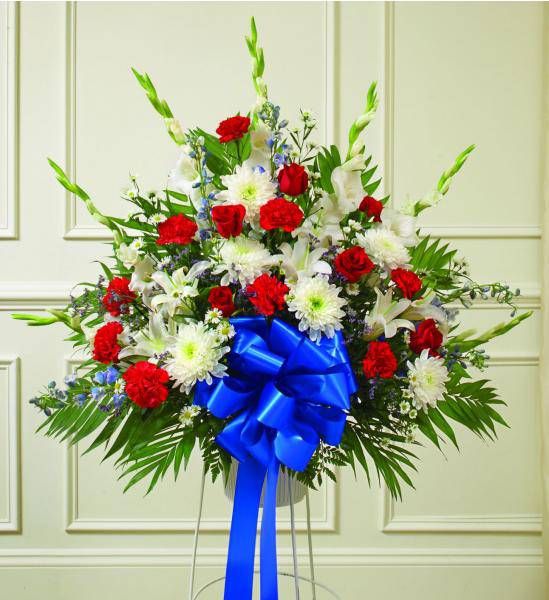 Flowers: Red, White & Blue Standing Funeral Basket - Premium