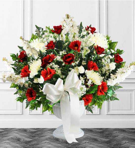 Flowers: Red & White Funeral Floor Basket - Deluxe