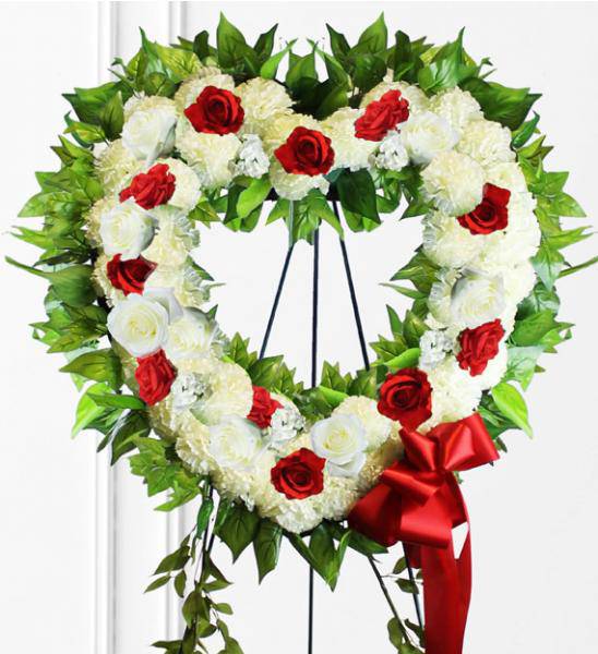 Sympathy Heart Wreath With Red Flowers - Deluxe