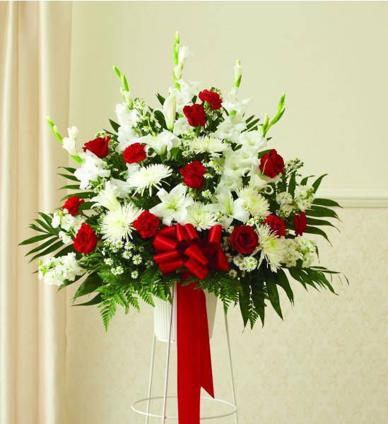 Flowers: Red & White Standing Funeral Basket - Deluxe