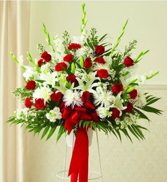 Flowers: Red & White Standing Funeral Basket - Premium