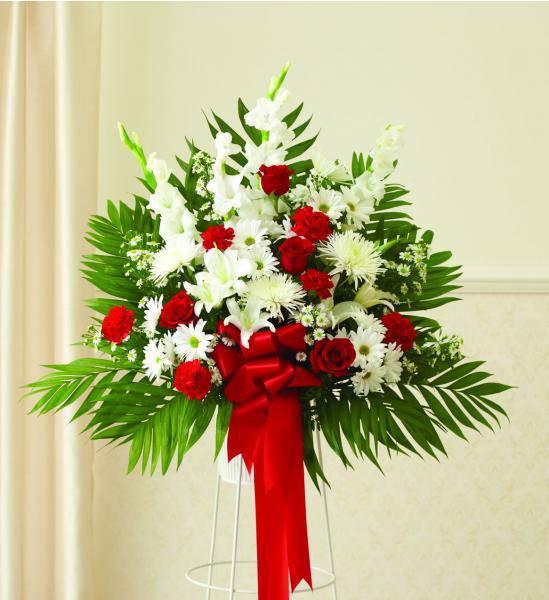 Flowers: Red & White Standing Funeral Basket - Standard