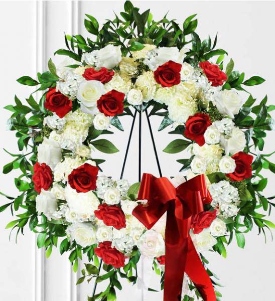 Flowers: Red & White Sympathy Wreath - Premium