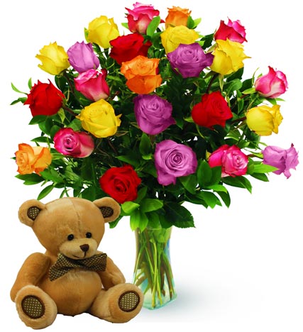 Two Dozen Assorted Color Roses & Bear