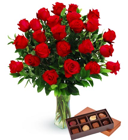 Two Dozen Red Roses & Chocolates