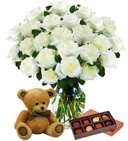 Two Dozen White Roses, Bear & Chocolates