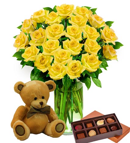 Two Dozen Yellow Roses, Bear & Chocolates
