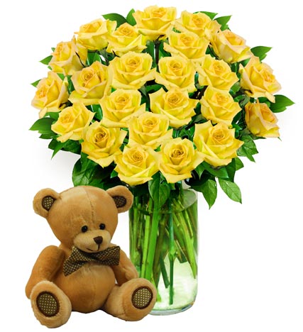Two Dozen Yellow Roses & Bear