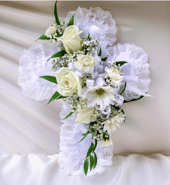 Flowers: White Satin Cross Pillow